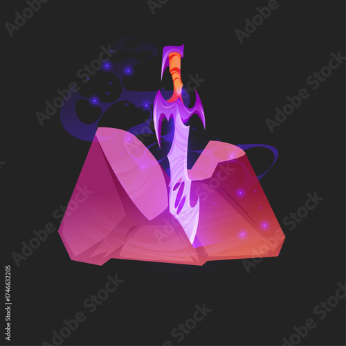 Legendary mystical sword glowing with ethereal power, firmly embedded in a magical ancient stone formation