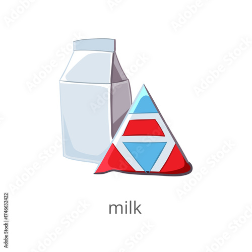 Illustration of a milk carton and a triangular cheese wedge on a white background