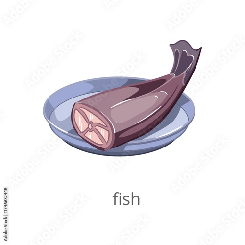 Illustration of a prepared fish fillet on a plate, ready for cooking or serving