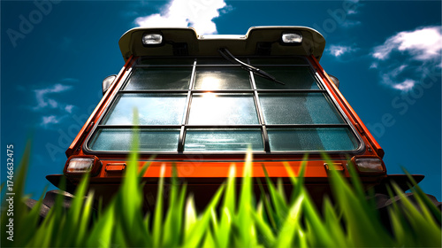 Low-angle view of red tractor under cloudy blue sky