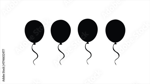 Silhouette of four black balloons with flowing ribbons suspended against a bright backdrop, perfect for celebrations and party themes.