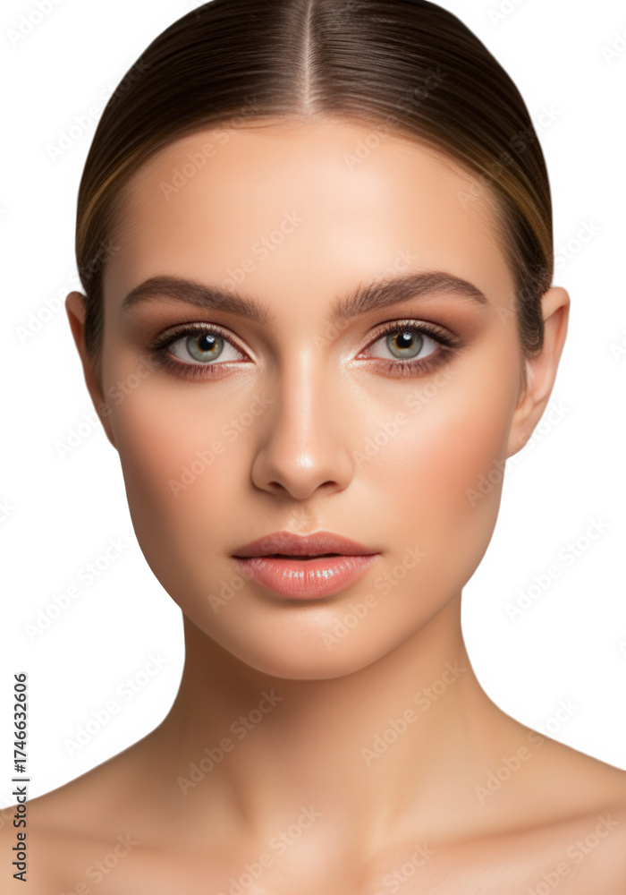 Fototapeta premium Closeup portrait of a beautiful young woman with flawless skin and natural makeup, looking directly at the camera with captivating green eyes, isolated on transparent background