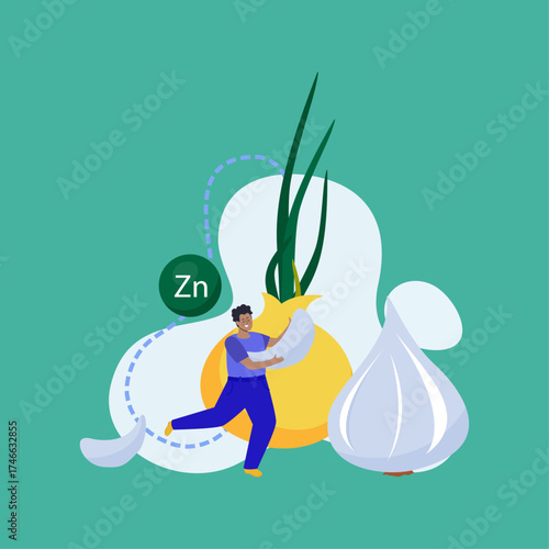 Man with Zinc Element and Garlic Onion on Green Background