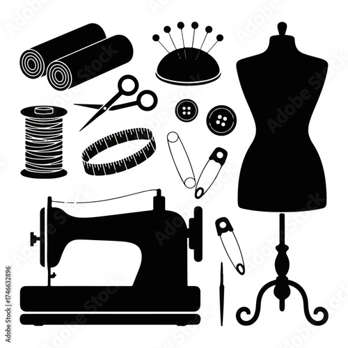 Vintage sewing machine with needle and thread, a classic tailor's tool for textile craft and fashion industry work