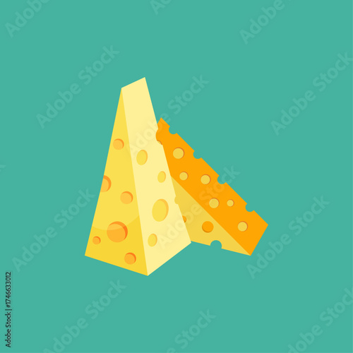 Two delicious wedges of Swiss cheese with holes, isolated on a teal background