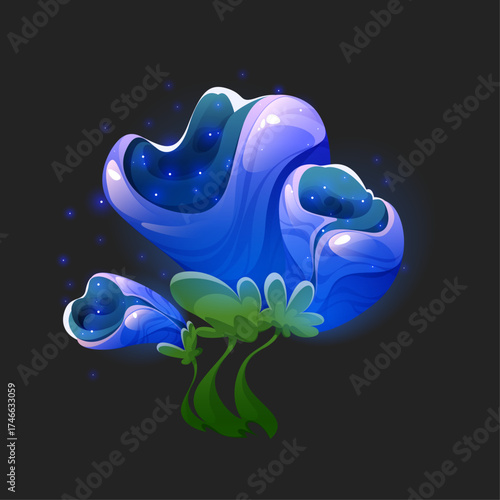 Enchanting Bioluminescent Coral Reef Flora with Glowing Blue Petals and Green Stems on Dark Background