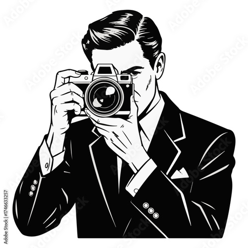 A man, one professional photographer, is holding a vintage film camera with a lens, focusing for a retro photograph in a studio