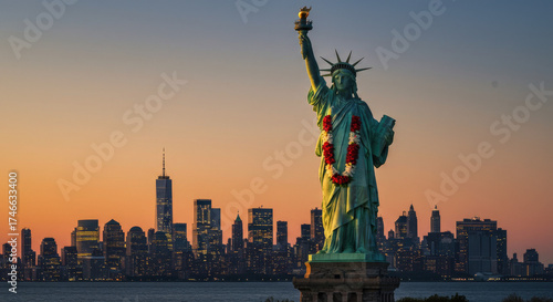 Lady Liberty Adorned with Garland Against Evening City Lights