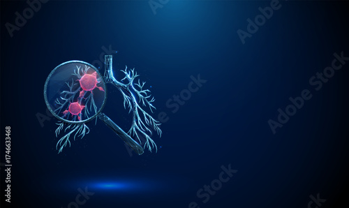 3d human lungs under a magnifying glass with a red tumor inside Pulmonary cancer diagnostics, oncology research, pathology investigation, biomedical study concept.
