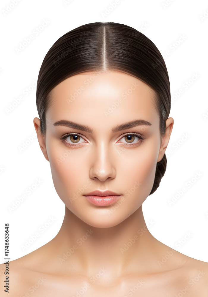 Fototapeta premium Portrait of a beautiful young woman with perfect skin and natural makeup, looking directly at the camera, isolated on transparent background