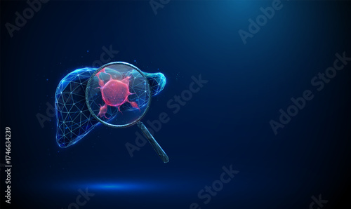 3d liver under magnifying glass with red tumor inside. Hepatic cancer diagnostics, medical analysis, disease detection, pathology, biomedical investigation concept.