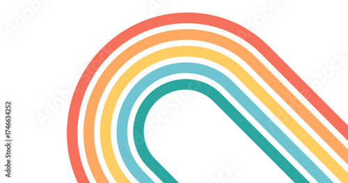 Rainbow line retro background, groovy arch pattern. Abstract curvy vintage, colorful parallel stripes. Wavy rainbow palette print. Geometric shape element isolated on white bg. Vector illustration