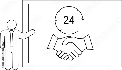 An outlined graphic shows a person next to a framed image of a handshake under a 24hour clock symbol