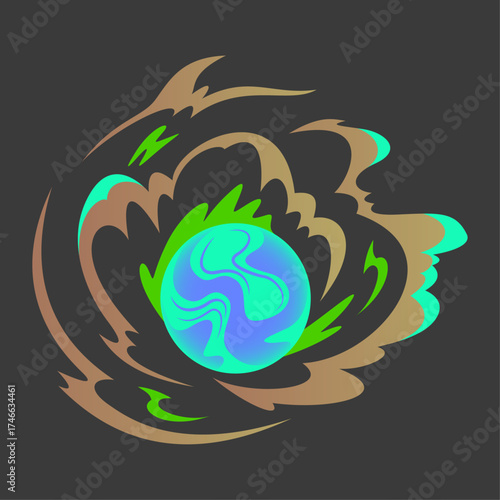 Abstract representation of a glowing planet or orb with swirling energy patterns