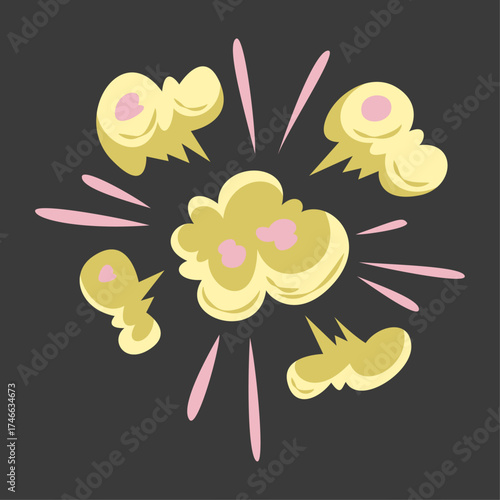 Cartoon Explosion of Popcorn with Pink Bursting Splatters on a Dark Background