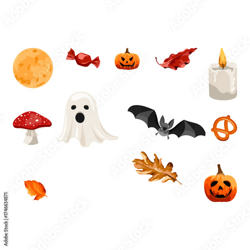 Vibrant Halloween Icons Pumpkins, Ghosts, Bats, Leaves, Candy, and Candle for Spooky Celebrations