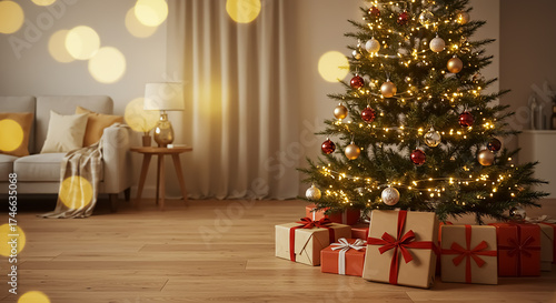 リビングに飾られたクリスマスツリーとプレゼントのある風景