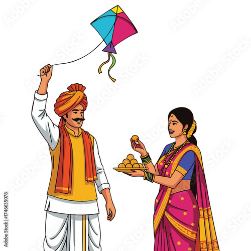 Indian couple celebrating makar sankranti with kite and sweets