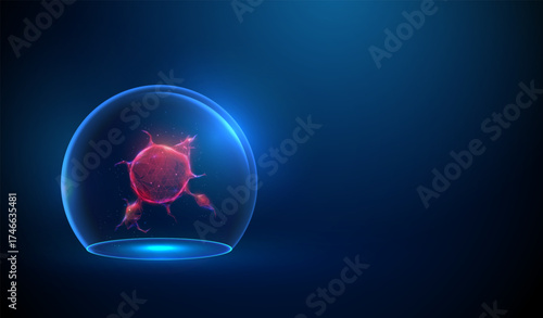 3d red tumor under a glass dome. Medical research, oncology study, disease control, biomedical investigation, laboratory safety concept.