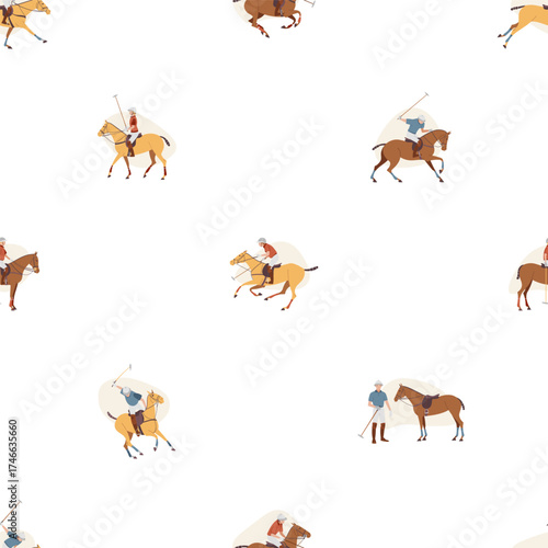 Seamless pattern with polo players and horses in action on white background