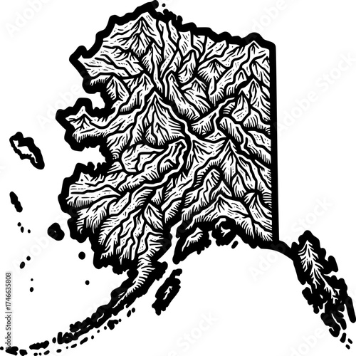 Alaska Map: A meticulously detailed map of Alaska, rendered in a striking grayscale, showcases the state's rugged mountainous terrain and intricate river systems.