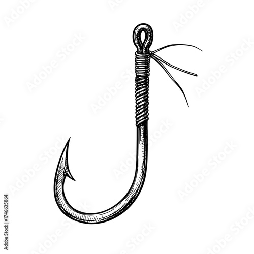 Fishing hook in vintage style with detailed engraving design  