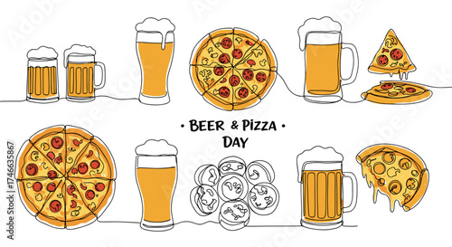 Beer and pizza illustrations with mugs, plates, and slices  