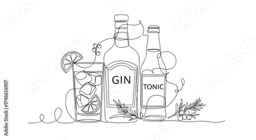 Gin and tonic line drawing with ice and lemon slices  
