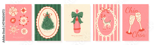 Set of Christmas vertical greeting cards with festive decor elements, decorated Christmas tree, champagne bottle, cute reindeer and toast glasses with Chin-Chin inscription, for holiday greeting cards