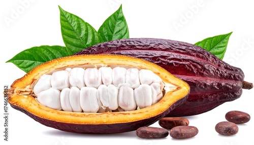 A cut open cacao pod reveals its interior, adjacent to a whole pod and cocoa beans, with green leaves on a white background