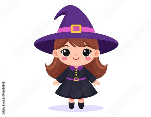 A cute, cartoon girl dressed as a witch, wearing a purple hat with a golden buckle and a black dress