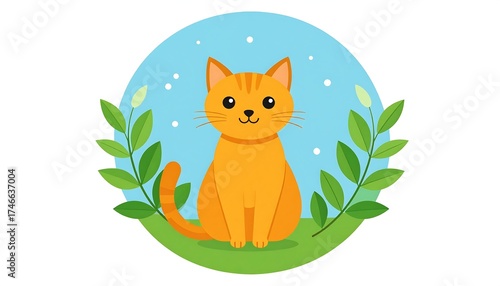 A cute, cartoonish, orange tabby cat sitting upright, framed by green leaves and set against a blue, dotted background. The cat is smiling