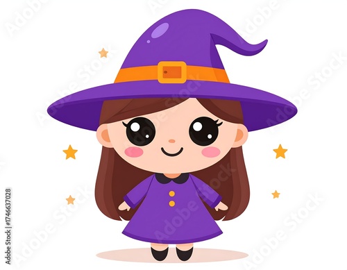 A cute cartoon illustration of a young girl dressed as a witch for Halloween, wearing a purple hat and dress, and surrounded by stars
