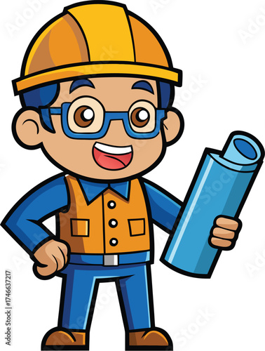 Cartoon Construction Worker Holding Blueprint – Vector Character Illustration