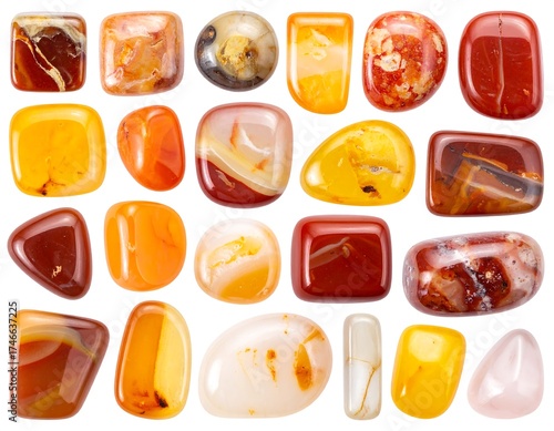 A collection of polished gemstones in various shapes and shades of orange, yellow, and red, displayed on a white background. Their translucent surfaces reveal unique patterns