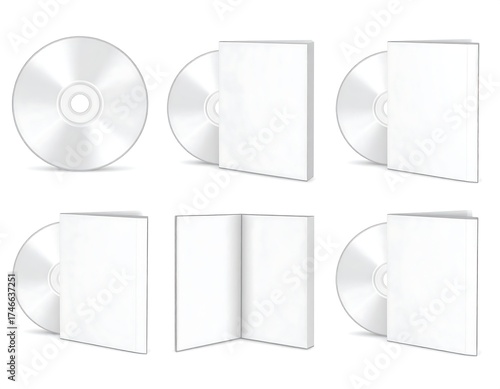 A collection of realistic, blank CD-ROM discs in various orientations paired with simple white cases or sleeves