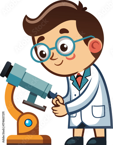 Cartoon Scientist Using Microscope – Vector Education Illustration