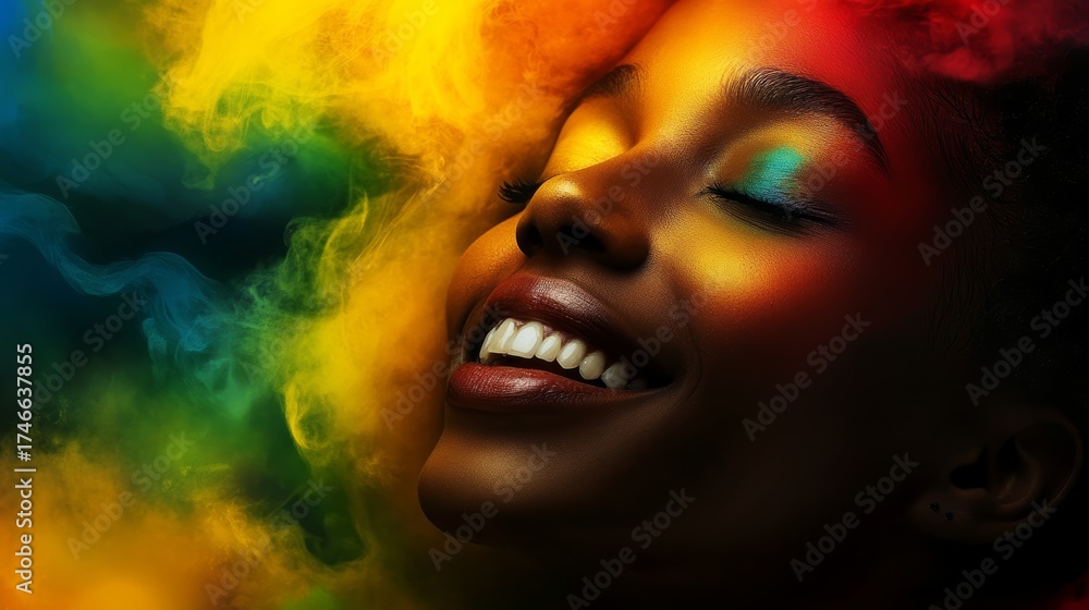 Fototapeta premium Joyful woman embracing vibrant colors studio setting portrait photography artistic environment close-up view celebration of emotions