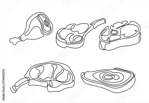 Continuous Line Art Collection of Various Meat Cuts. line icon-continuous line drawing. Editable stroke. 