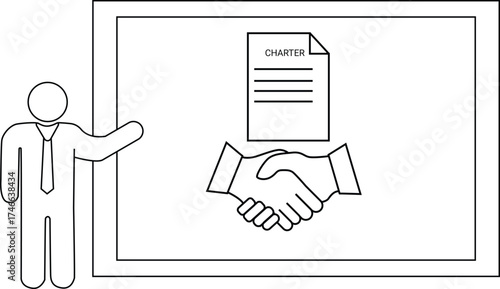 Line art shows person presenting charter document over handshake graphic framed