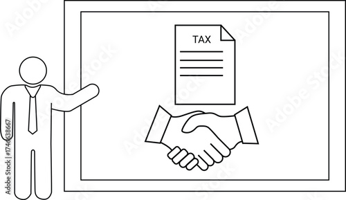 Person points to a board of tax papers  a handshake