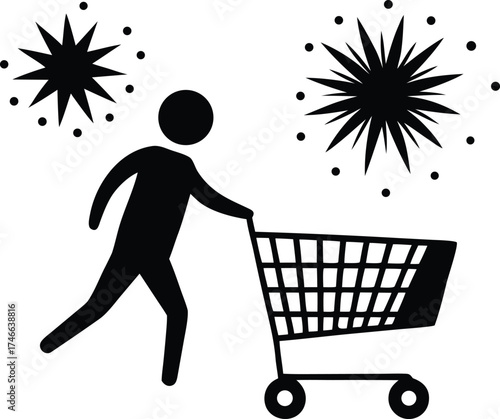 a person rushing with a shopping cart under fireworks silhouette vector illustration