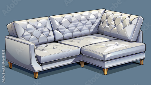 Very beautiful close-up modern white three-seat corner leather sofa, luxurious texture and elegant stitching, 3D render design for stylish living room interior, comfort and sophistication in contempor