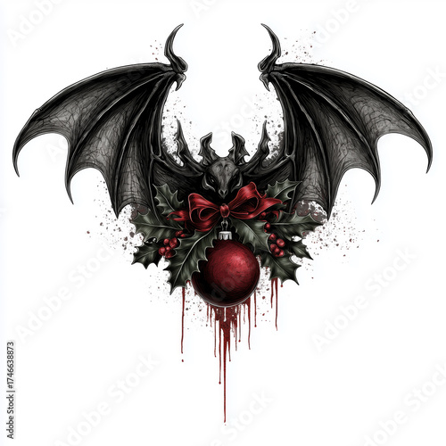 Gothic dragon skull Christmas ornament with holly and red bauble