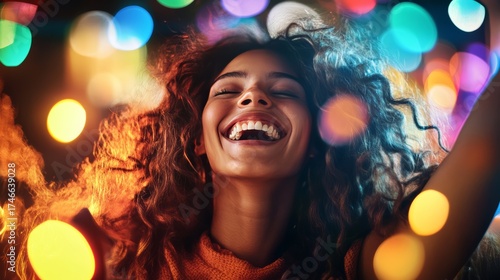 Joyful celebration of life urban nightscape portrait vibrant bokeh close-up happiness and connection