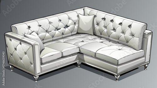 Very beautiful close-up modern white three-seat corner leather sofa, luxurious texture and elegant stitching, 3D render design for stylish living room interior, comfort and sophistication in contempor