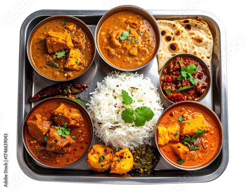 A top view of a delicious traditional Indian thali with various curries and gravies aroundisolated on white and transparent, background Remove