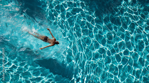 Man swimming in clear blue pool viewed from above