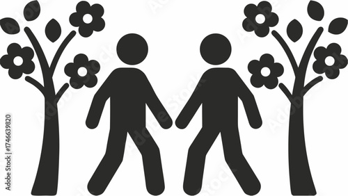 People walking hand in hand in a blossoming spring garden, symbolizing love, friendship, and community connection in a peaceful outdoor setting