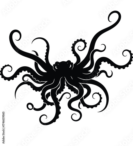 Intricate octopus silhouette, isolated on white background, showcasing its tentacles and unique form, a captivating representation of marine life